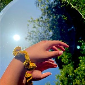 Mustard, velvety, hand-crocheted scrunchy ✨
